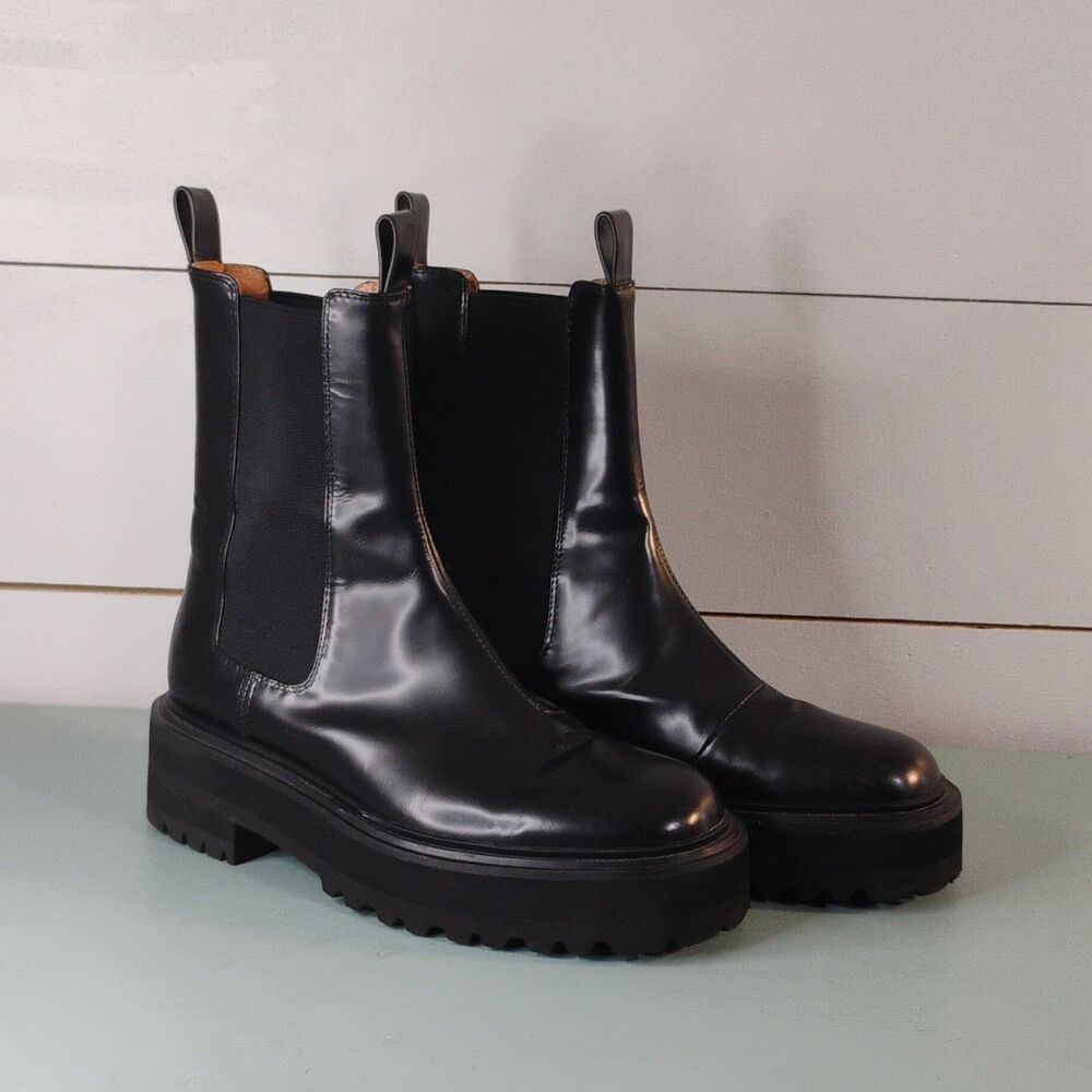 Alias Mae Women's Black Leather Chelsea Ankle Boots Slip-On Lug Sole US 6